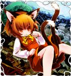  :3 animal_ears brown_hair cat_ears chen dress earrings falling hat jewelry moonyan red_eyes solo touhou 