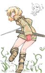  1girl blonde_hair boots cosplay embarrassed final_fantasy final_fantasy_tactics geomancer_(fft) geomancer_(fft)_(cosplay) gloves green_eyes legs michael-x mizuhashi_parsee oekaki open_mouth parody plant pointy_ears ramza_beoulve scabbard sheath short_hair sword touhou vines weapon yukkuri_shiteitte_ne 