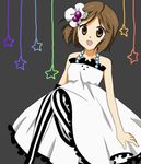  :d bad_id bad_pixiv_id bare_shoulders bow brown_eyes brown_hair don't_say_&quot;lazy&quot; dress hair_bow hirasawa_yui k-on! open_mouth pantyhose smile solo star striped striped_legwear usako vertical-striped_legwear vertical_stripes 