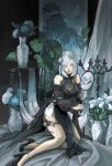  1girl bare_shoulders black_dress black_footwear blue_eyes breasts candle candlestand cleavage commentary dress flower genshin_impact hair_ornament hand_fan high_heels highres holding holding_fan hydrangea lankie long_hair long_sleeves pelvic_curtain plant see-through_cleavage see-through_clothes shenhe_(frostflower_dew)_(genshin_impact) shenhe_(genshin_impact) sitting solo symbol-only_commentary vase very_long_hair white_hair 