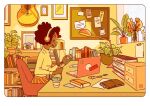  1girl artist_logo black_hair book book_stack bookshelf boom_microphone border breasts bulletin_board camera cellphone chair closed_eyes commentary computer cup curly_hair dark-skinned_female dark_skin desk_lamp disposable_coffee_cup disposable_cup english_commentary flower flute guitar headphones holding holding_microphone indoors instrument lamp laptop logo microphone on_chair orange_flower orange_skirt orange_theme original pen phone picture_frame plant potted_plant profile ranpanda recorder recording rounded_corners shirt skirt smartphone solo sunlight talking teeth upper_teeth_only vase white_border white_shirt window 