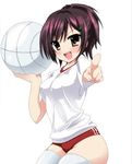  bad_id bad_pixiv_id blush brown_eyes brown_hair buruma double_vertical_stripe gym_uniform katekyo_hitman_reborn! miura_haru momoiro_tanuki ponytail shirt solo standing thighhighs volleyball white_legwear 