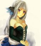  blush breasts cleavage corset dress elbow_gloves gloves gwendolyn large_breasts long_hair lowres odin_sphere purple_eyes silver_hair solo strapless strapless_dress vanille 