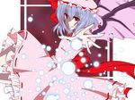  abyss713 bat_wings cowboy_shot danmaku dress hat looking_at_viewer mob_cap outstretched_arm pink_dress puffy_short_sleeves puffy_sleeves red_eyes remilia_scarlet short_sleeves silver_hair simple_background solo touhou vampire white_background wings 