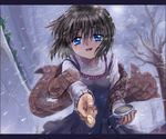  blue_eyes bowl brown_hair dress hands kanon misaka_shiori mutsuki_(moonknives) non-web_source oekaki outstretched_arm outstretched_hand plaid reaching shawl short_hair smile snow solo spoon sweater tree wind 