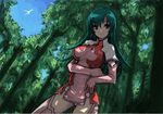  bird breasts dappled_sunlight dress dutch_angle earrings elbow_gloves forest gloves green_hair jewelry kara_(color) kotona_elegance large_breasts long_hair nature pink_gloves shade solo sunlight thighhighs tree_shade zoids zoids_genesis 