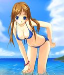  bent_over bikini blue_eyes brown_hair day kakinoki long_hair original solo swimsuit wading water 