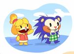accessory animal_crossing anthro apron barefoot blonde_hair blue_body blue_fur blue_hair blush blush_stickers bottomwear buckteeth canid canine canis clothing cloud crossover domestic_dog duo eulipotyphlan feet female fur gesture hair hair_accessory hairband happy_tree_friends heart_nose heart_symbol hedgehog isabelle_(animal_crossing) ivanalmighty mabel_able mammal nintendo open_mouth orange_cheeks pie_cut_eyes rosy_cheeks salute shih_tzu shirt skirt sky smile spiky_hair spines standing style_crossover teeth tied_hair topwear toy_dog tree_stump white_face yellow_body yellow_fur