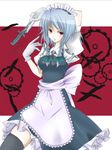  abyss713 braid gloves izayoi_sakuya knife maid maid_headdress red_eyes short_hair solo thighhighs touhou twin_braids zettai_ryouiki 