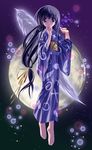  artist_request barefoot black_hair blue_eyes blue_kimono copyright_request feathers feet japanese_clothes kimono long_hair moon ribbon single_wing solo wings yukata 