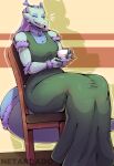 absurd_res anthro beverage breasts chair clothing container cup dragon dress eyes_closed female furniture hair heidi_(the7thprimarch) hi_res horn mythological_creature mythological_scalie mythology netardado purple_hair scalie sitting smile solo tail tuft