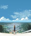  brown_hair cityscape cloud condensation_trail day from_behind hill horizon isai_shizuka long_hair original plaid plaid_skirt road scenery school_uniform skirt sky 