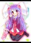  animal_ears bad_id bad_pixiv_id blazer blush bunny_ears buttons food jacket mukunoki_nanatsu necktie pantyhose pocky purple_hair red_eyes red_neckwear reisen_udongein_inaba skirt solo touhou 