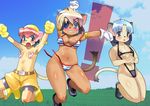  3girls alicia_priss ameyama_denshin animal_ears armlet bike_shorts bikini blue_hair blush boots breasts cat_ears cat_tail cleavage dark_skin eyepatch flare_priss flat_chest gloves highres multicolored_hair multiple_girls navel open_mouth panties pasties red_hair short_hair shorts siblings sisters slingshot_swimsuit stare_priss sweat swimsuit tail tail_concerto two-tone_hair underwear wardrobe_malfunction 