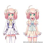  1girl ahoge child choker female green_eyes ichimura_sakine looking_at_viewer lowres pink_hair qualiaffor_dance ribbon simple_background smile solo thighhighs twintails white_background zettai_ryouiki 