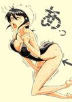  1girl ass black_hair breasts cleavage closed_eyes competition_swimsuit directional_arrow highleg highleg_swimsuit highres kanchou large_breasts marker_(medium) one-piece_swimsuit open_mouth original short_hair solo swim_cap swimsuit traditional_media translated trembling wavy_mouth yooo 