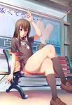  bad_id bad_pixiv_id bench brown_hair crossed_legs ese_shinshi highres long_hair original purple_eyes school_uniform sitting skirt solo thighs 