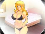  1girl bare_shoulders bed black_bra black_panties blond_daisuki! blonde_hair blue_eyes blush bra breasts cleavage highres hips huge_breasts legs lingerie long_hair looking_at_viewer navel panties smile solo standing thighs underwear wavy_hair yoko_juusuke 