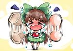  &gt;_&lt; blush brown_hair chibi closed_eyes crying hair_ribbon long_hair open_mouth reiuji_utsuho ribbon shinapuu solo tears touhou waving_arms wings 