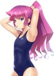  1girl absurdres armpits bangs blue_eyes blue_swimsuit breasts collarbone eyebrows_visible_through_hair high_ponytail highres kirishima_romin long_hair looking_at_viewer mouth_hold muto_dt pink_hair school_swimsuit shiny shiny_hair simple_background small_breasts solo standing swimsuit tying_hair very_long_hair white_background yuu-gi-ou yuu-gi-ou_sevens 