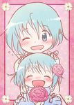  blue_eyes blue_hair blush closed_eyes dress eyes flower hair_flower hair_ornament hairclip holding mahou_shoujo_madoka_magica miki_sayaka multiple_girls ohagi one_eye_closed open_mouth short_hair time_paradox 