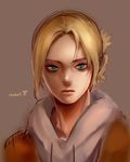  annie_leonhardt aqua_eyes bad_id bad_pixiv_id blonde_hair gamjya green_eyes grey_background looking_at_viewer portrait shingeki_no_kyojin simple_background solo 