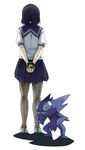  black_hair black_skirt crossover dusk_ball facing_away from_behind full_body gen_3_pokemon hands hayashi_ekyuu misumi_tomoe monster own_hands_together pantyhose photokano pleated_skirt poke_ball pokemon pokemon_(creature) sableye school_uniform serafuku shirt short_sleeves skirt standing v_arms white_background white_shirt 