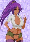  bleach breasts dark_skin large_breasts midriff ponytail purple_hair revolve shihouin_yoruichi smile 