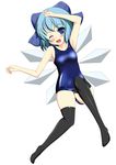  absurdres bad_id bad_pixiv_id black_legwear blush cirno fang highres one-piece_swimsuit school_swimsuit shiny shiny_clothes smile solo swimsuit tera_hiroshi thighhighs touhou 