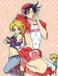  2boys apron bandana black_hair blonde_hair caesar_anthonio_zeppeli cosplay costume_switch dress fingerless_gloves gloves itaru_souga jojo_no_kimyou_na_bouken joseph_joestar_(young) joseph_joestar_(young)_(cosplay) lipstick makeup midriff multiple_boys suzi_q suzi_q_(cosplay) 