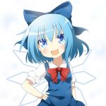  1girl blue_dress blue_eyes blue_hair bow cirno do_(4-rt) dress fang hair_bow hand_on_hip highres looking_at_viewer open_mouth puffy_sleeves shirt short_sleeves simple_background smile solo symbol-shaped_pupils touhou upper_body white_background wings 