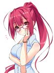  brown_eyes glasses hand_on_own_cheek hand_on_own_face long_hair original piyodera_mucha ponytail purple_hair sleeveless solo 