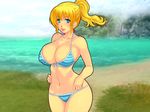  1girl bare_shoulders beach bikini blond_daisuki! blonde_hair blue_eyes blush breasts cleavage highres hips huge_breasts legs long_hair looking_at_viewer navel ocean ponytail smile solo standing swimsuit thighs water yoko_juusuke 