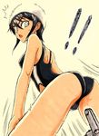  /\/\/\ 1girl :&lt; adjusting_swimming_cap ass black_hair competition_swimsuit highleg highleg_swimsuit highres kanchou looking_back marker_(medium) one-piece_swimsuit original short_hair smile swim_cap swimsuit traditional_media yooo 