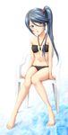  barefoot bikini black_hair blue_eyes chair full_body hataraku_maou-sama! kamazuki_suzuno long_hair side_ponytail sitting solo swimsuit zuihou 