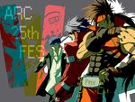  arc_system_works belt blazblue brown_hair company_connection crossover facial_hair fingerless_gloves glasses gloves grey_hair guilty_gear hat headband jacket long_hair mask millia_rage multiple_boys muscle narukami_yuu persona persona_4 persona_4:_the_ultimate_in_mayonaka_arena ponytail ragna_the_bloodedge relius_clover school_uniform short_hair silver_hair smile sol_badguy sword teeth teriyaki410 weapon 
