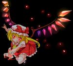  ascot black_background blonde_hair blush fingernails flandre_scarlet glowing glowing_eyes glowing_wings hat highres nail_polish red_eyes sekira_ame sharp_fingernails short_hair side_ponytail simple_background skirt smile solo thighhighs touhou white_legwear wings 