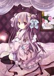  absurdres alternate_hairstyle bed book crescent crescent_hair_ornament double_bun flower hair_ornament hair_ribbon highres kamioto_musu looking_back patchouli_knowledge purple_eyes purple_hair ribbon solo star thighhighs touhou twintails 