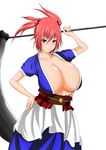  1girl breasts large_breasts no_bra red_hair revolve simple_background solo touhou 