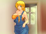  1girl bare_shoulders blond_daisuki! blonde_hair blue_eyes blush braid breasts cleavage coveralls door hand_on_hip highres huge_breasts long_hair looking_at_viewer open_mouth overalls smile solo standing wink yoko_juusuke 