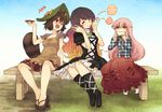  ;d animal_ears beads bench blonde_hair blush brown_hair bubble_skirt dress fingersmile futatsuiwa_mamizou glasses gradient_hair hat hata_no_kokoro hijiri_byakuren jewelry long_hair long_sleeves multicolored_hair multiple_girls necklace one_eye_closed open_mouth pince-nez pink_eyes pink_hair plaid plaid_shirt prayer_beads purple_hair raccoon_ears raccoon_tail red_eyes shirt short_hair short_sleeves sitting skirt sleeveless smile tail touhou unmoving_pattern urin 