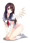  blush brown_eyes brown_hair caidychen collarbone full_body hair_ornament hairclip hands_together highres kneehighs kneeling long_hair niimi_haruka_(photokano) panties photokano school_uniform simple_background smile solo underwear white_background white_legwear white_panties 