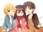  2boys armin_arlert black_hair blonde_hair blue_eyes brown_hair child closed_eyes eren_yeager flower green_eyes headband jacket mikasa_ackerman multiple_boys one_eye_closed scarf shingeki_no_kyojin short_hair smile uguisu_mochi_(ykss35) v 