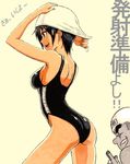  1boy 1girl adjusting_swimming_cap ass black_hair competition_swimsuit error grin highleg highleg_swimsuit highres kanchou marker_(medium) one-piece_swimsuit original profile short_hair smile swim_cap swimsuit traditional_media translated yooo 