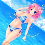  bikini blue_eyes blush breasts cloud day highres huge_breasts kogarashi_(wind_of_winter) navel ocean original pink_hair short_hair sky smile solo striped striped_bikini swimsuit water wet 