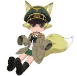  animal_ears blonde_hair boots child erwin_(girls_und_panzer) fox_ears fox_tail girls_und_panzer green_skirt hat lop_(lophutch) military military_hat ooarai_school_uniform peaked_cap pleated_skirt school_uniform serafuku short_hair skirt solo tail uniform younger 