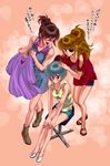  alternate_hairstyle ayanami_rei blue_hair blush brown_hair casual eyepatch glasses hair_brushing makinami_mari_illustrious multiple_girls neon_genesis_evangelion orange_hair ponytail re-two rebuild_of_evangelion shikinami_asuka_langley sitting souryuu_asuka_langley translated 