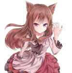  animal_ears brooch brown_hair dress fingernails imaizumi_kagerou jewelry long_fingernails long_hair long_sleeves red_eyes rin_yuu simple_background smile solo touhou very_long_hair white_background wide_sleeves wolf_ears 