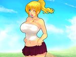  1girl bare_shoulders blond_daisuki! blonde_hair blue_eyes blush breasts cleavage cloud clouds female highres hips jewelry large_breasts legs lipstick long_hair looking_at_viewer makeup navel necklace ponytail skirt sky smile solo standing strapless thighs tubetop wink yoko_juusuke 
