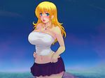  1girl bare_shoulders blond_daisuki! blonde_hair blue_eyes blush breasts cleavage embarrassed female highres hips jewelry large_breasts legs lipstick long_hair looking_at_viewer makeup midriff navel necklace night skirt sky solo standing strapless thighs tubetop wavy_hair yoko_juusuke 
